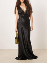 Elegant Black Tulle Lace-Trimmed Satin Maxi Dress